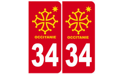 immatriculation 34 Occitanie - 2 stickers de 10,2x4,6cm - Sticker/auto