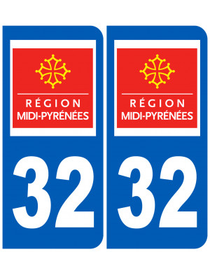 immatriculation 32 Midi-Pyrénées (2fois 10,2x4,6cm) - Sticker/autoco